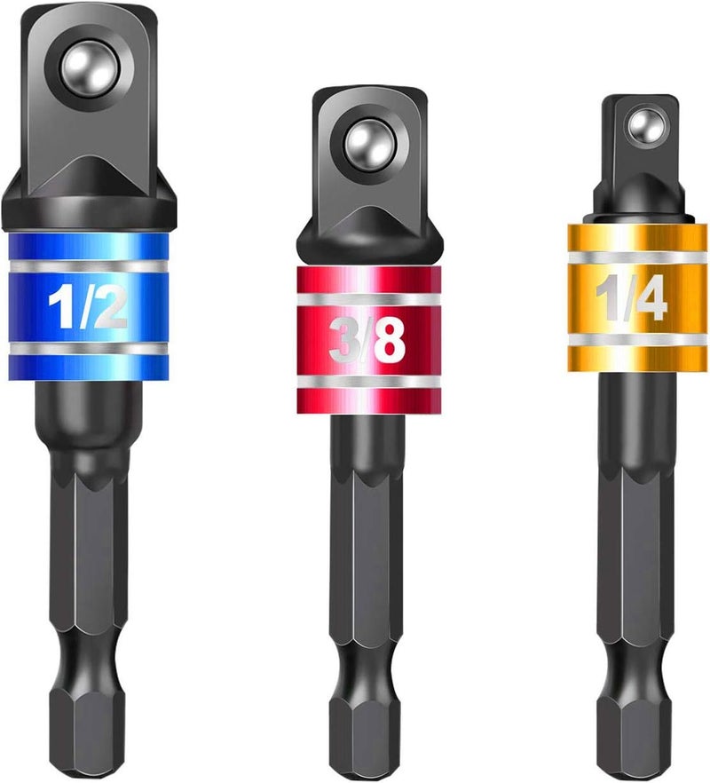 Fruholt Socket Adapter Set, 1/4-Inch Hex Shank to 1/4, 3/8, 1/2-Inch Square Drive, 3-Piece Impact Grade Drill Bit Holders, Black - Image 1